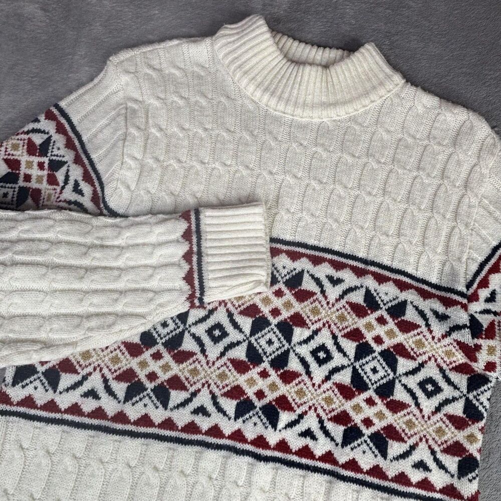 Lord Jeff Sweater‎ Men M Tall White Mock Neck Cable-Knit Fair Isle Pullover USA